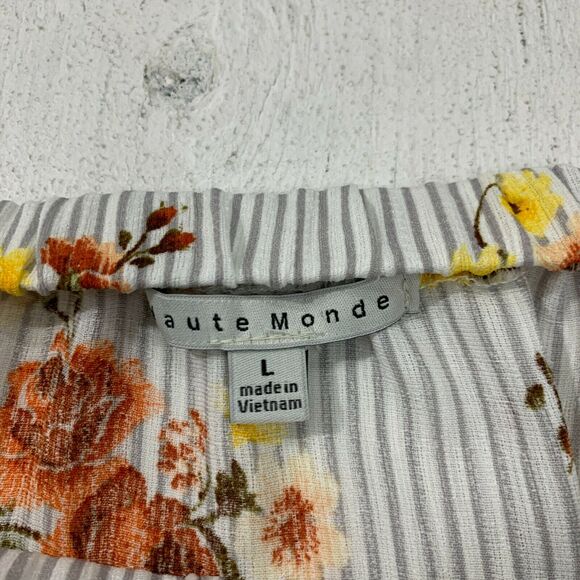 Haute Monde Floral Print Dress Womens Size L Off Shoulder Tie Mid Sleeves Stripe - Picture 9 of 12